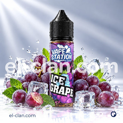 زجاجة فيب ستيشن آيس عنب ساقع ليكويد محلي من Vape Station E-Juice تظهر عبوة سائلة بنكهة العنب المبردة