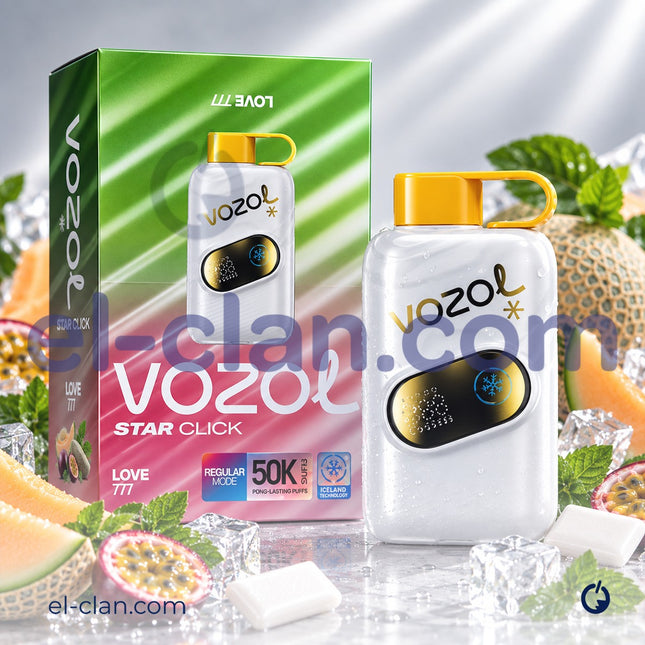 جهاز فيب ديسبوسبل Vozol Star Click 50K نكهة كانتلوب باشون وفروت نعناع ساقع، تصميم أنيق ومريح للاستخدام اليومي
