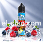 زجاجة فيب ليكويد من Vape Station Power Juice مشروب طاقة، عبوة صغيرة مع عبوة بلاستيكية شفافة ومشبعة بالألوان.