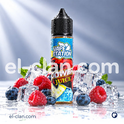 زجاجة فيب ليكويد من Vape Station Power Juice مشروب طاقة، عبوة صغيرة مع عبوة بلاستيكية شفافة ومشبعة بالألوان.