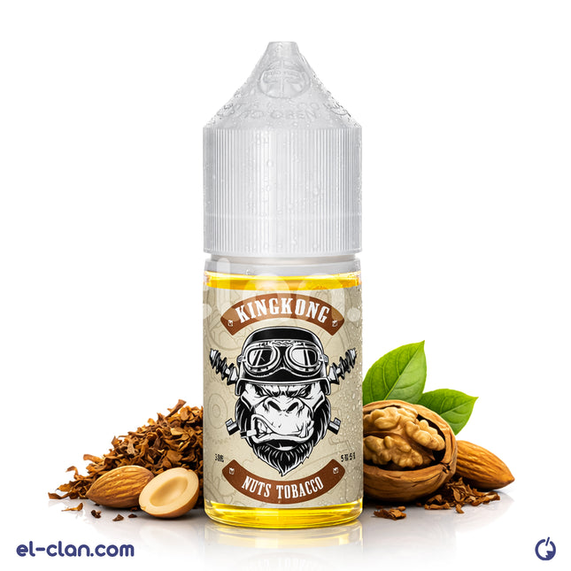 Tokyo King Kong SaltNic Nuts Tobacco flavored vape in a plastic bottle, featuring nuts and tobacco notes for vaping enthusiasts.