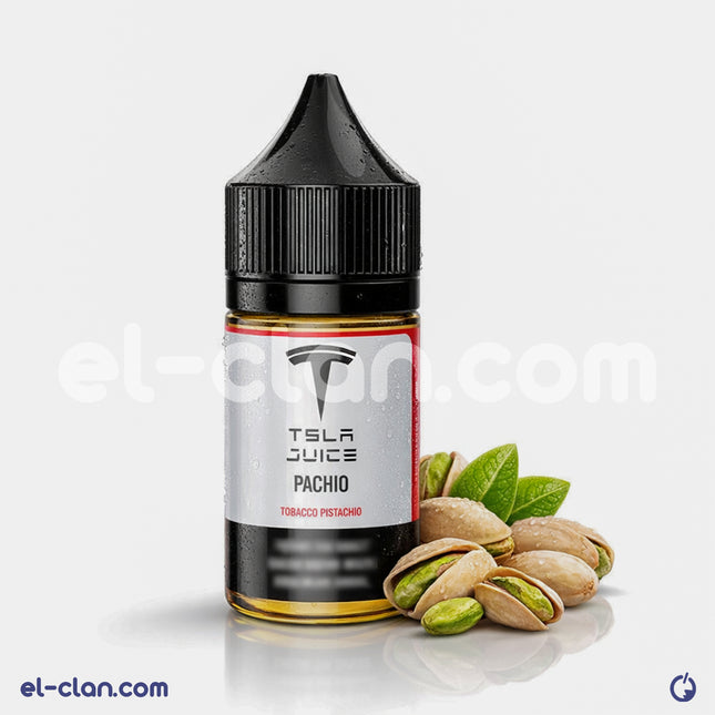 Tsla Juice SaltNic Pachio Tobacco Pistachio flavored vape in a liquid bottle, featuring pistachio and tobacco flavor elements.