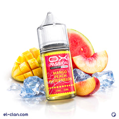 سائل فيب أكس بوشن سولت نيك نكهة مانجو خوخ بطيخ بارد من ماركة OXVA، يظهر في صورة عبوة سائلة مستوردة.