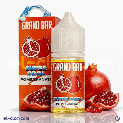 سائل فيب Grand Bar Super Cool نكهة رمان ساقع، ليكويد مستورد من نوع SaltNic، يعرض زجاجة بسائل النكهات في الصورة