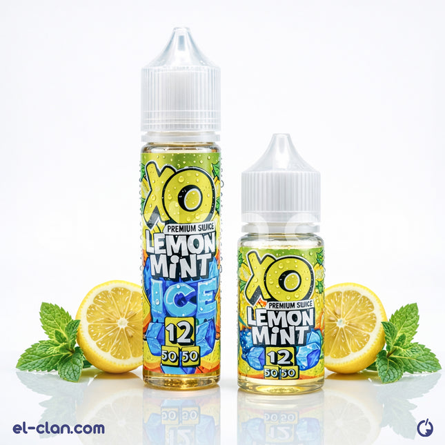سائل فيب ليكويد XO سوبر كول ليمون نعناع ساقع جدا من ماركة XO E-Liquid، زجاجة صغيرة مع عبوة سائلة ليمون ونعناع.