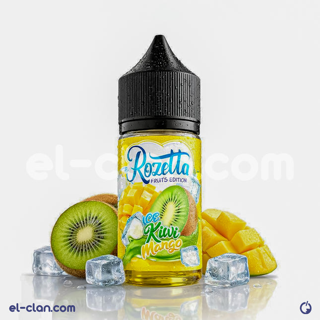 Rozetta Ice Kiwi Mango e-liquid bottle showing vibrant label with kiwi and mango flavors for vaping.