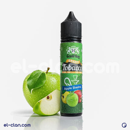 Grand Vape Apple Shesha فيب ليكويد محلي, close-up of glass bottle with apple flavor and vibrant branding.
