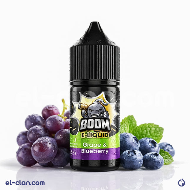 Boom E-Juice Boom MTL Grape & Blueberry flavored in a local liquid vape, featuring fresh grape and blueberry visuals.