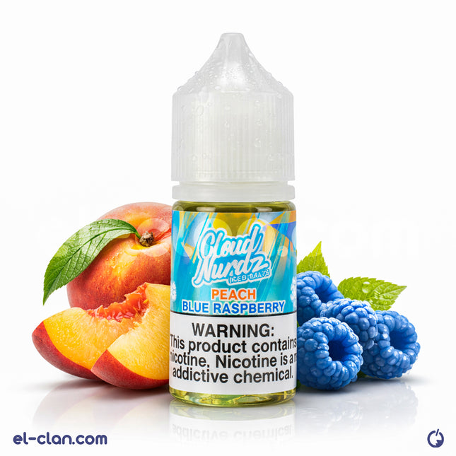 Cloud Nurdz SaltNic Iced Peach Blue Raspberry in a vape liquid bottle, featuring peach and blue raspberry flavor with icy mint notes.