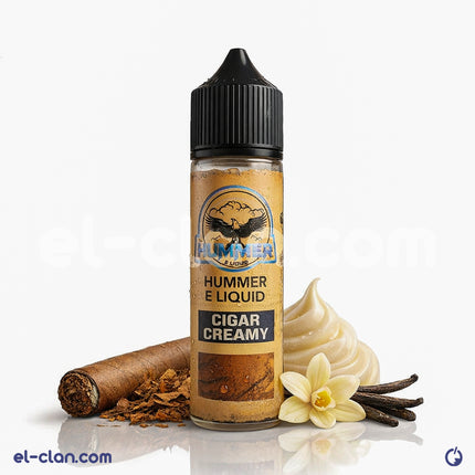 Hummer Cigar Creamy flavored e-liquid in a vape bottle, designed for in-vehicle vapor experiences, by Hummer E-Juice.