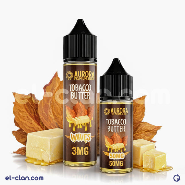 تبغ زبدة Aurora Waves فيب ليكويد محلي من Aurora E-Juice يظهر في الصورة بزجاجة واضحة مع تصميم ملون.