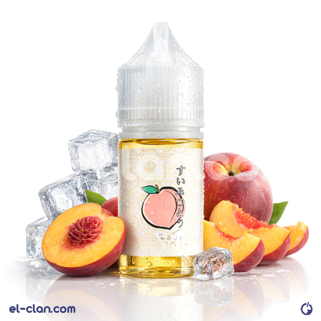 Tokyo SaltNic Iced Peach vape liquid in a bottle, featuring peach flavor with menthol cooling, imported Tokyo brand for vaping.