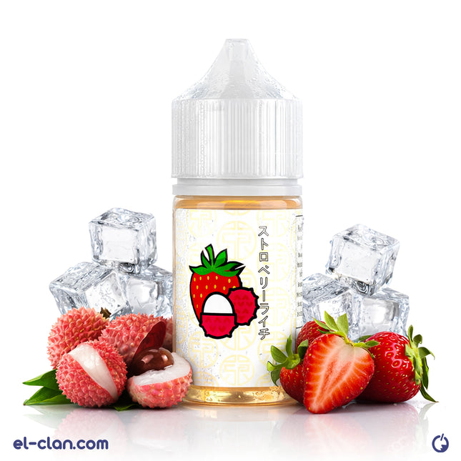 Tokyo SaltNic Iced Strawberry Lychee vape liquid in a bottle, featuring fresh strawberries and lychee flavor with a cold, icy sensation.