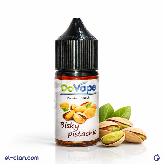 DoVape Bisky Pistachio flavored vape liquid in a clear bottle with pistachio nuts and biscuit imagery for in-depth flavor experience.