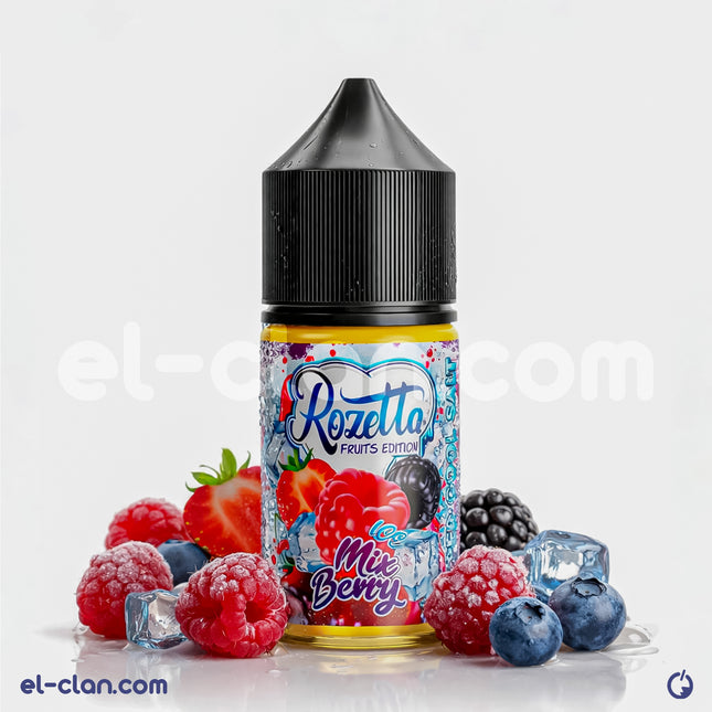 Rozetta Ice Mix Berry in a vape liquid bottle, showcasing the colorful berry flavor and clear packaging of Rozetta E-Juice.