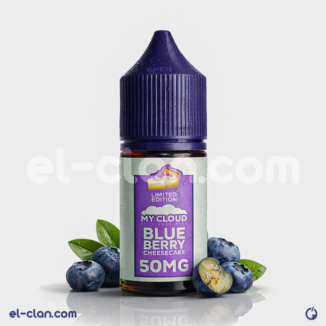My Cloud E-Juice SaltNic Blueberry Cheesecake vape liquid in a bottle, flavored with blueberry and cheesecake notes, in a clear container.
