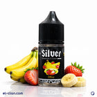 Silver E-Liquid silver straw banana flavor with strawberry and banana in vape liquid form, showcasing the colorful bottle and vape device.