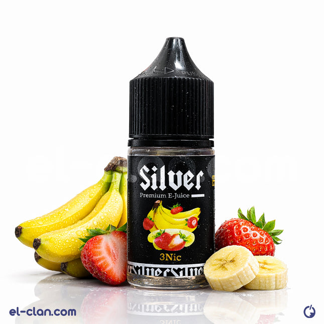 Silver E-Liquid silver straw banana flavor with strawberry and banana in vape liquid form, showcasing the colorful bottle and vape device.