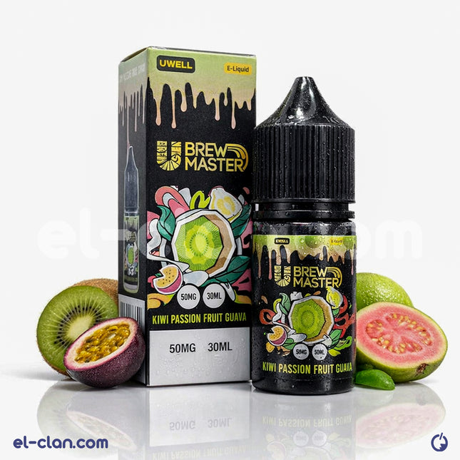 Uwell SaltNic Kiwi Passion Fruit Guava vape liquid in a clear bottle, featuring vibrant fruit illustrations and branding.