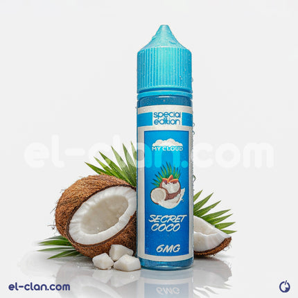فيب ليكويد محلي من My Cloud E-Juice بنكهة جوز الهند وجوزهند، يظهر في الصورة زجاجة سائل التدخين الإلكتروني