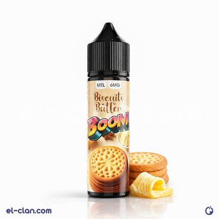 Boom Biscuits Butter flavored vape juice in a 12ml bottle, featuring buttery biscuit notes from Boom E-Juice.