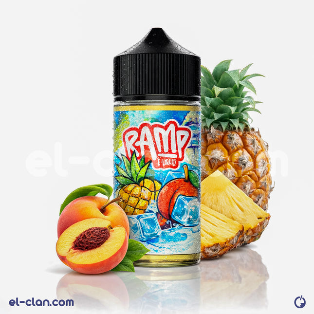 Ramp E-Juice Peach Pineapple عصير خوخ أناناس فيب ليكويد محلي with vibrant peach and pineapple flavors in a vape liquid bottle.