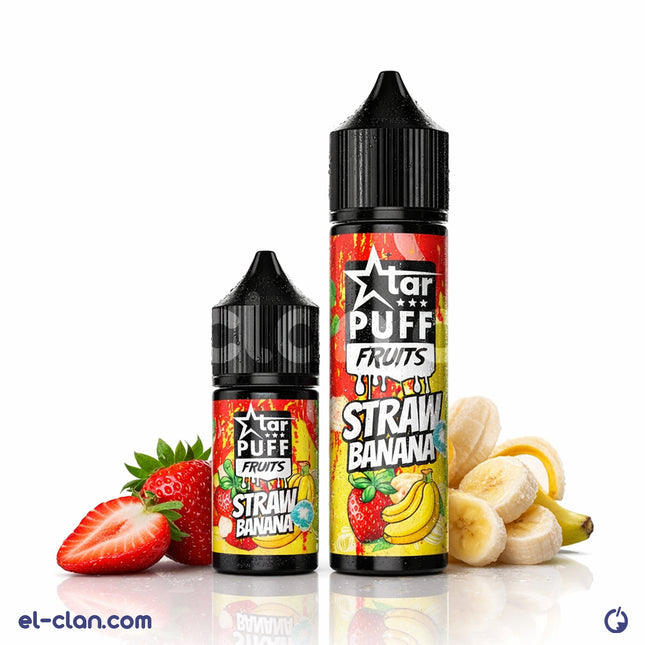 نقطة استنشاق فيب لليكويد Star Puff E-juice بنكهة موز وفراولة مثلجة، عبوة أنيقة واضحة في الصورة.