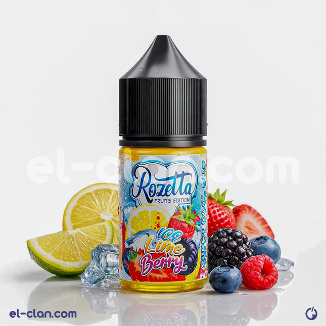 Rozetta Ice Lime Berry in a vape liquid bottle, showcasing vibrant lime and berry flavor for electronic cigarette use.