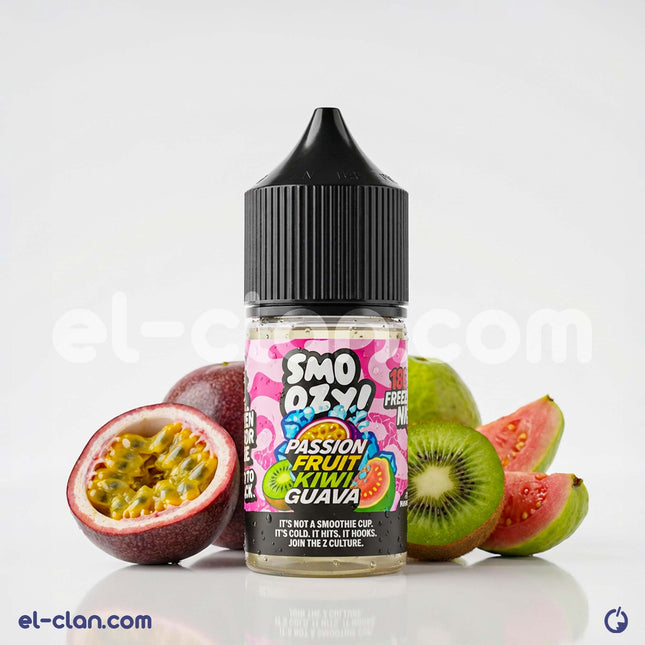 Prestige E-Juice Smoozy Frozen SaltNic Passion Fruit Kiwi Guava flavored vape in a clear bottle with colorful label.