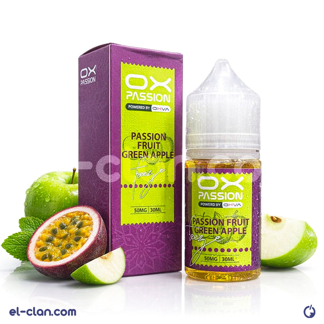 نقطة سائلة فيب بمذاق باشون فروت وتفاح أخضر من ماركة OXVA، عبوة ليويد مستوردة، تظهر في الصورة.