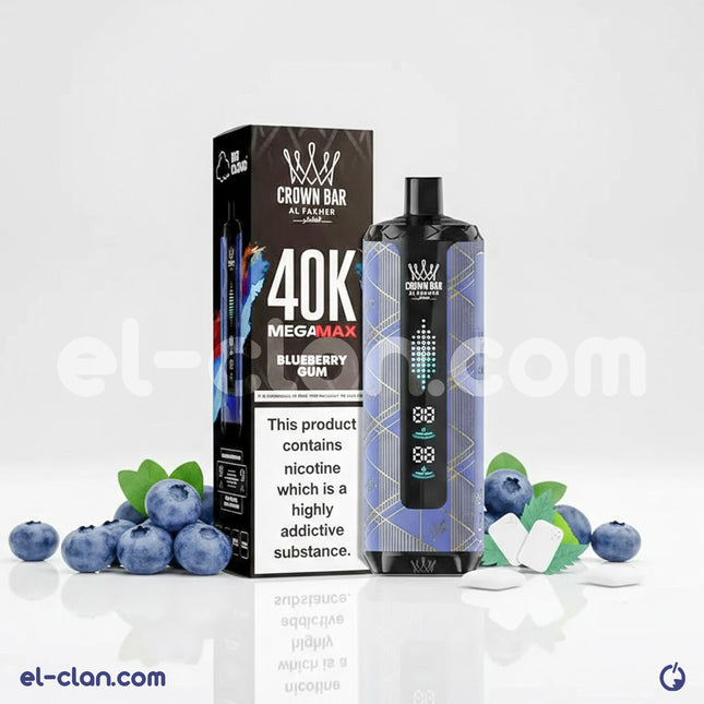 فيب ديسبوسبل من الفاخر ميغا ماكس بنكهة توت وعلكة، عبوة زرقاء من علامة Alfakher Disposable