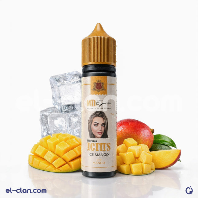 نقطة تفتيت مانجو ساقع من مكونات فيب ليكويد محلي من ماركة Metal Tongue e-juice، يظهر في الصورة زجاجة سائلة لفيب النكهات