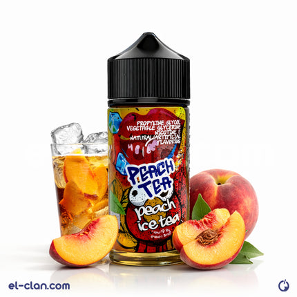 نقطة سائلة من Ramp E-Juice بنكهة شاى الخوخ المثلج، فيب ليكويد محلي، تظهر زجاجة مع طعم الخوخ والشاي المثلج