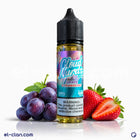 Cloud Nurdz Iced Grape Strawberry vape juice in a clear bottle, showcasing vibrant purple and red grape and strawberry flavor labels.