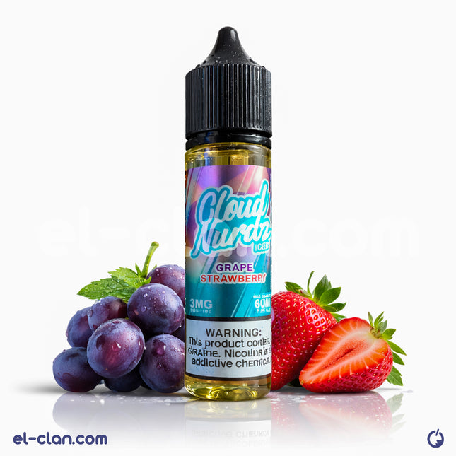 Cloud Nurdz Iced Grape Strawberry vape juice in a clear bottle, showcasing vibrant purple and red grape and strawberry flavor labels.