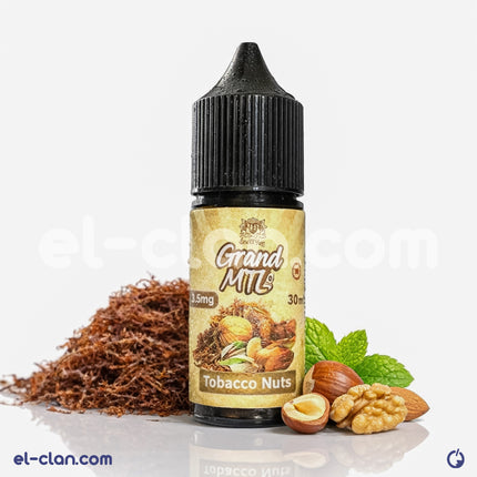 GrandVape E-Juice Grand MTL Tobacco Nuts flavored in a clear vape liquid bottle with a colorful label and cap.