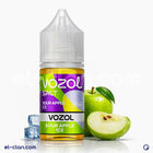 Vozol SaltNic Sour Apple Ice vape juice in a clear bottle with label, featuring green apple and icy flavor design.