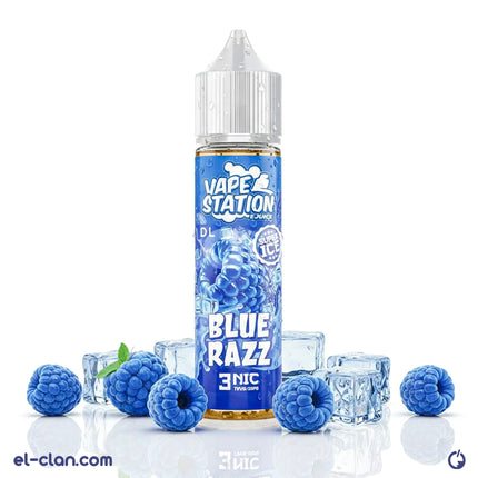 Vape Station Super Cool Blue Razz e-liquid in a clear vape bottle, flavored with cool blue raspberry for vaping enjoyment.