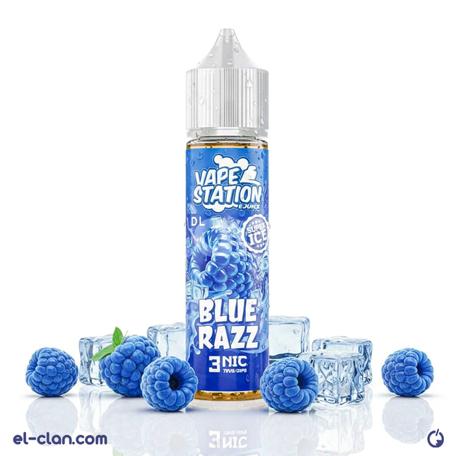 Vape Station Super Cool Blue Razz e-liquid in a clear vape bottle, flavored with cool blue raspberry for vaping enjoyment.