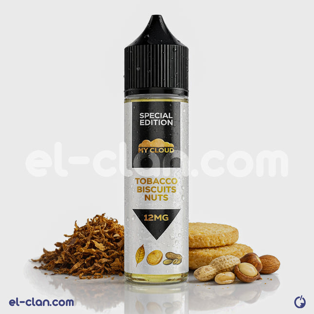 My Cloud E-Juice My Cloud Tobacco Biscuit Nuts in vapor form, featuring rich tobacco, biscuit, and nut flavors in a sleek vape bottle.