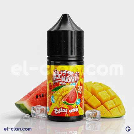 For Ca$h SaltNic Ice Mango Watermelon vape liquid in a sleek vape pen, featuring vibrant mango and watermelon flavors.