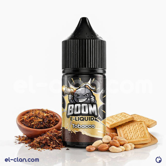 تبغ بسكويت مكسرات من Boom E-Juice فيب ليكويد محلي نكهة غنية ومميزة، يظهر في الصورة عبوة المنتج.