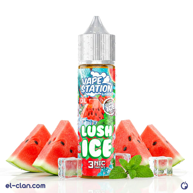 Vape Station E-Juice Super Cool Lush Ice watermelon flavored vape liquid in a 30ml bottle with vibrant packaging.
