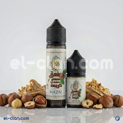 Mazaj بندق كريمه فيب ليكويد محلي e-juice bottle with caramel and nut flavor for vaping by Mazaj E-Juice.