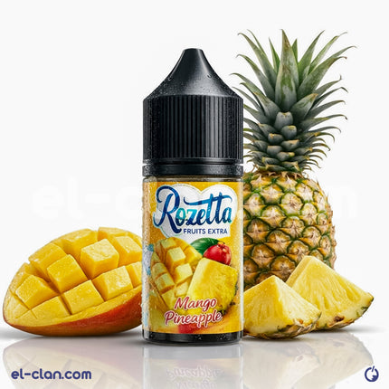 Rozetta Ice Mango Pineapple flavored e-liquid in a 14ml bottle, showcasing vibrant mango and pineapple flavor profile.