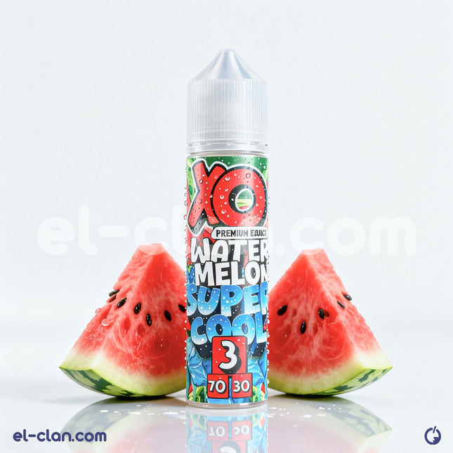 XO E-Liquid Super Cool Watermelon vape liquid with vibrant watermelon graphics in a clear bottle.