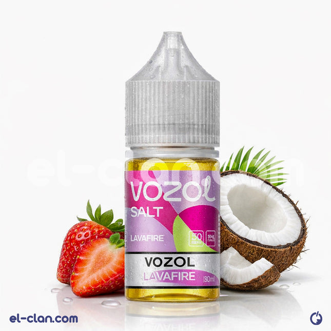 سائل فيب نيكو لافا فاير بنكهة جوز الهند والفراولة من Vozol E-Juice، عبوة مستوردة، يظهر في الصورة.