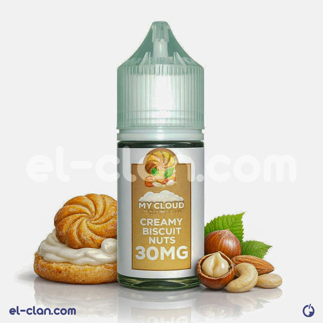 My Cloud SaltNic Creamy Biscuit Nuts vape liquid in a clear bottle with label, featuring images of biscuits and nuts on the packaging.