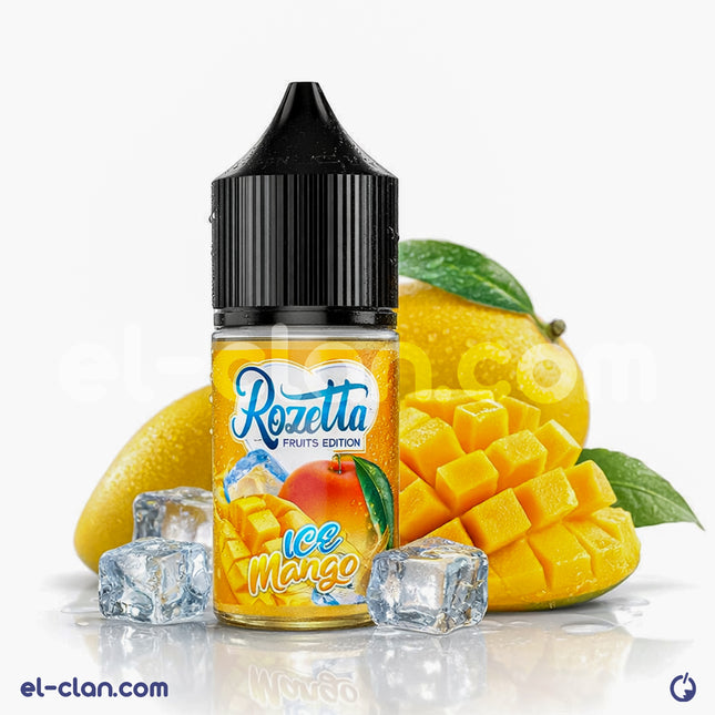 Rozetta Ice Mango فيب ليكويد محلي لمنتج نكهات المانجو الساقعة من علامة Rozetta E-Juice، زجاجة سائلة واضحة.