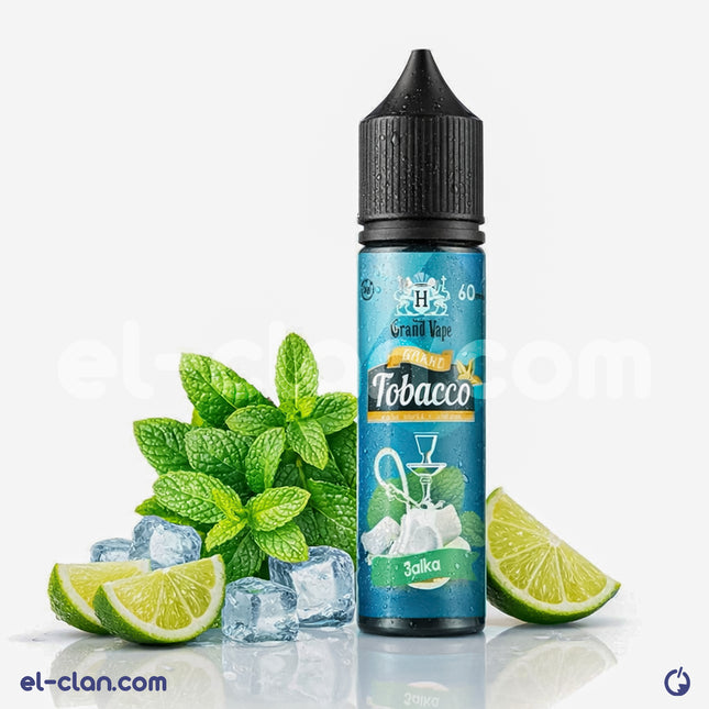 Grand Vape 3alka Gum mint flavored vape liquid in a clear bottle with a mint leaf design, highlighting its refreshing taste.
